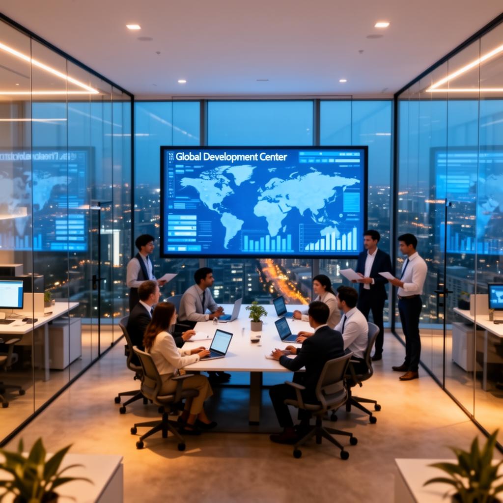 Diverse team collaborating in a modern Global Development Center with global analytics display